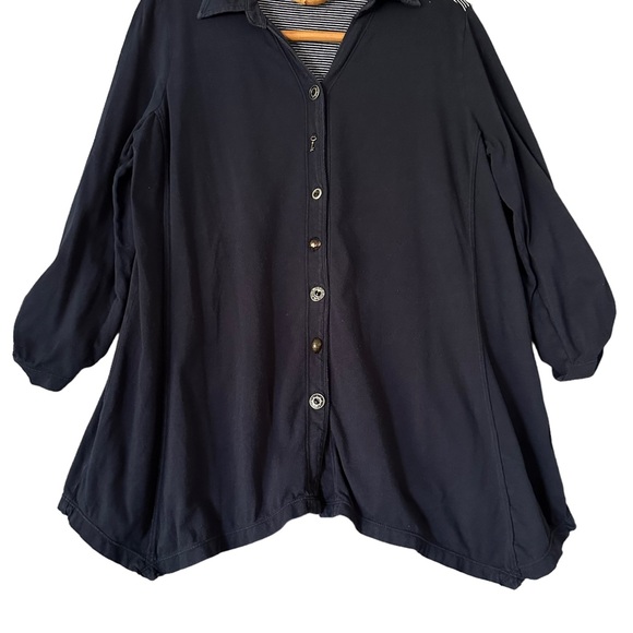 Neon Buddha | Navy Striped Back Button Front Top Stretch Cotton Size S - Picture 3 of 11